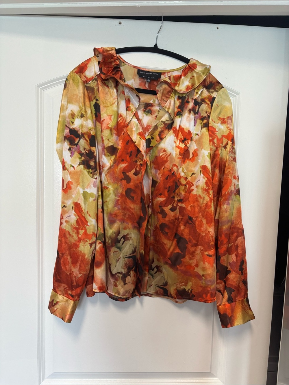 Floral Ruffle-Neck Long-Sleeve Blouse - Orange Multi